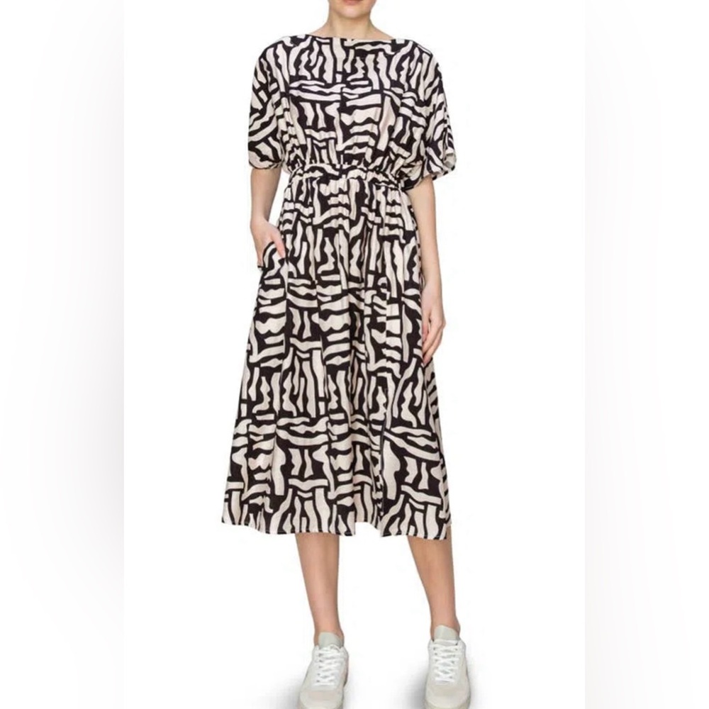 Brown Geo Boatneck Midi Dress
